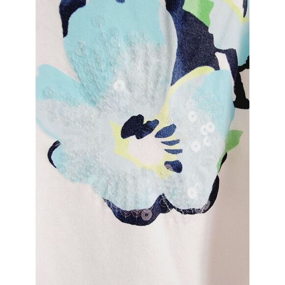 Chico's 2 White Blue Floral T-Shirt Beading Large 3/4 Slv V-Neck Stretch NEW - Picture 3 of 7